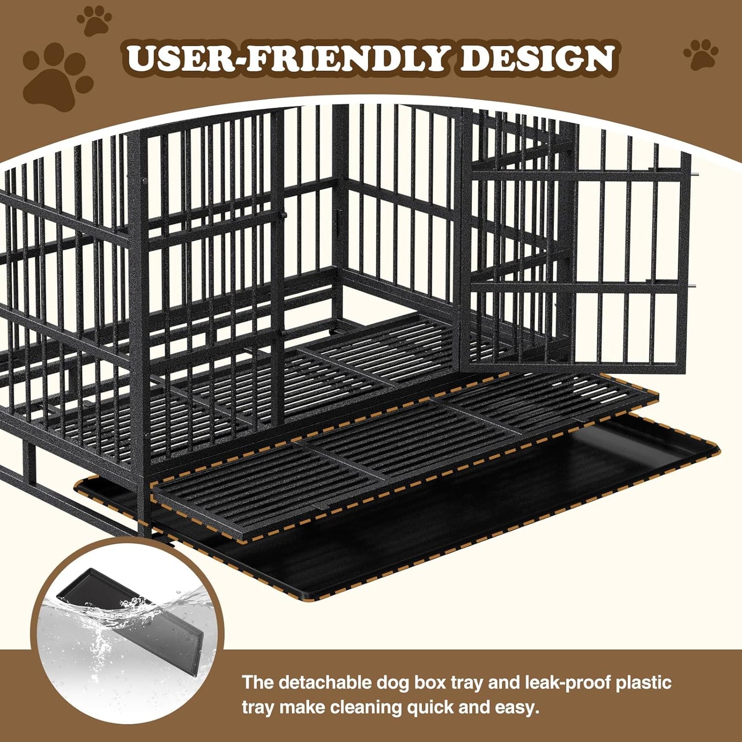 Dog Crate with Removable Tray, 37/42/46 Inch Indestructible and Escape Proof Steel Dog Cage Kennel for High Anxiety Dogs, Heavy Duty Dog Crate with Wheels, Double Door, Extra Large XL XXL