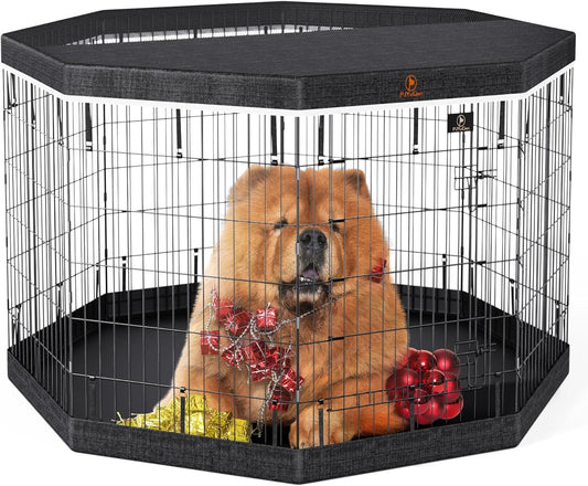 PJYuCien Dog Playpen, 8 Panels 42’’H Dog Pens Indoor with Bottom Pad and Top Cover, Metal Foldable Pet Puppy Exercise Fence Crate Kennel, Better for Medium and Big Animals,Black