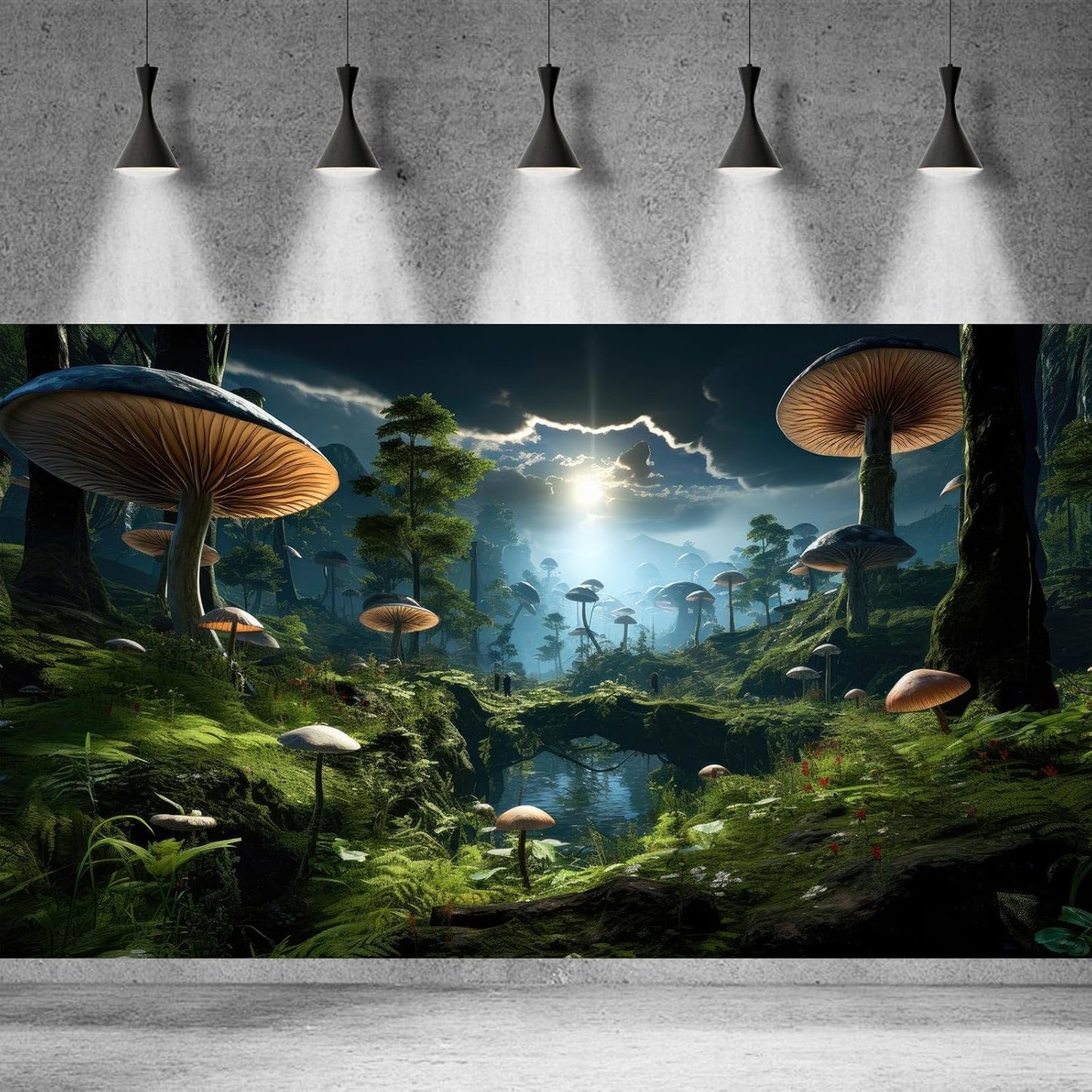 Fantasy Mushrooms Landscape Aquarium Background Tranquil Stream Cloudy Sky Terrarium Background Lush Green Tropical Plants Trees Fish Tank Backdrop Decoration Tank Background Poster 48x18in