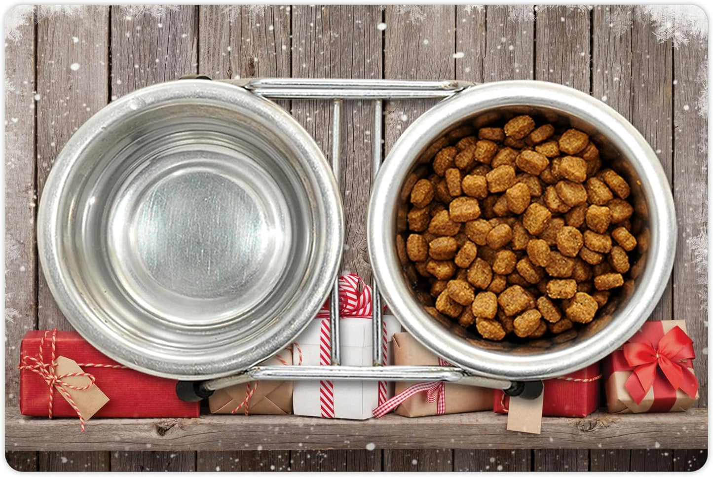 Lunarable Christmas Pet Mat for Food and Water, Concept Photo with Present Boxes Front of Wooden Wall and Snowflake Frame, Non-Slip Rubber Mat for Dogs and Cats, 18" X 12", Burgundy Grey