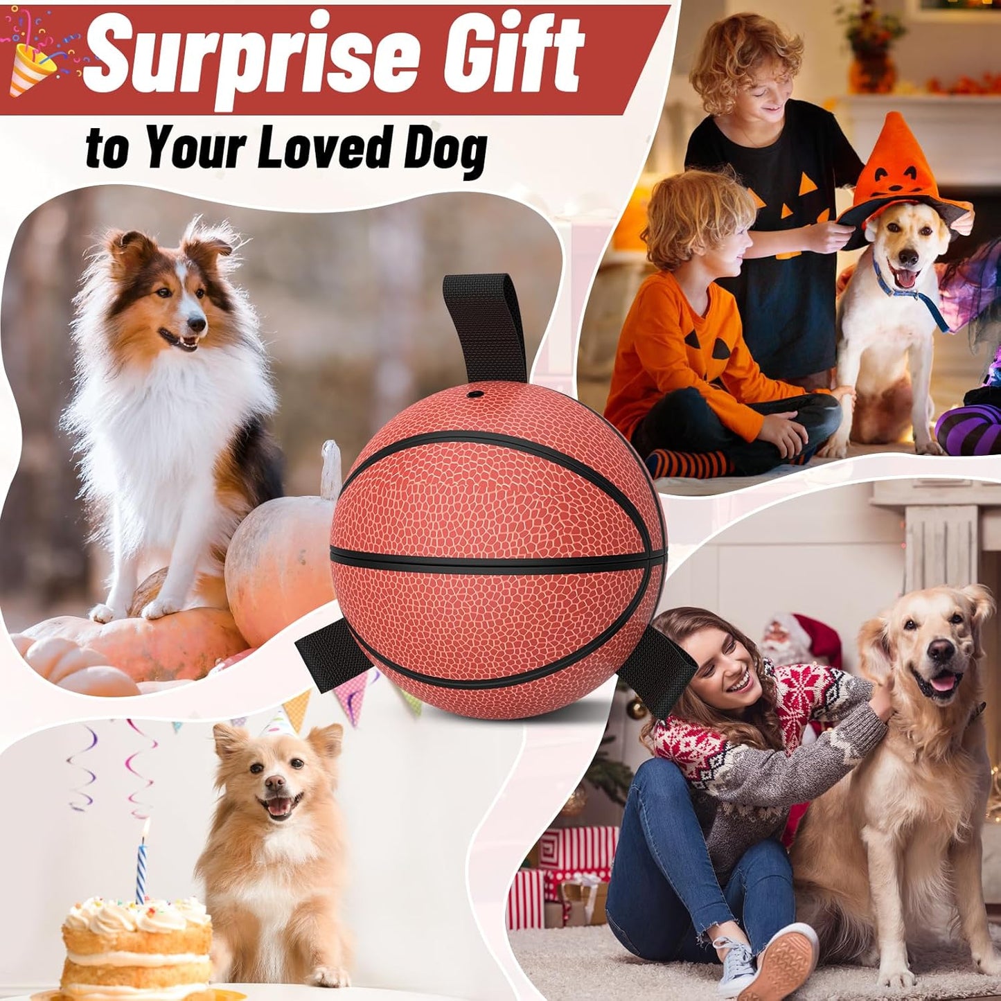 QDAN Dog Ball Basketball Toys, Balls with Straps, Dog Water Toy Pool Toys for Small Medium Dogs (6 Inch)