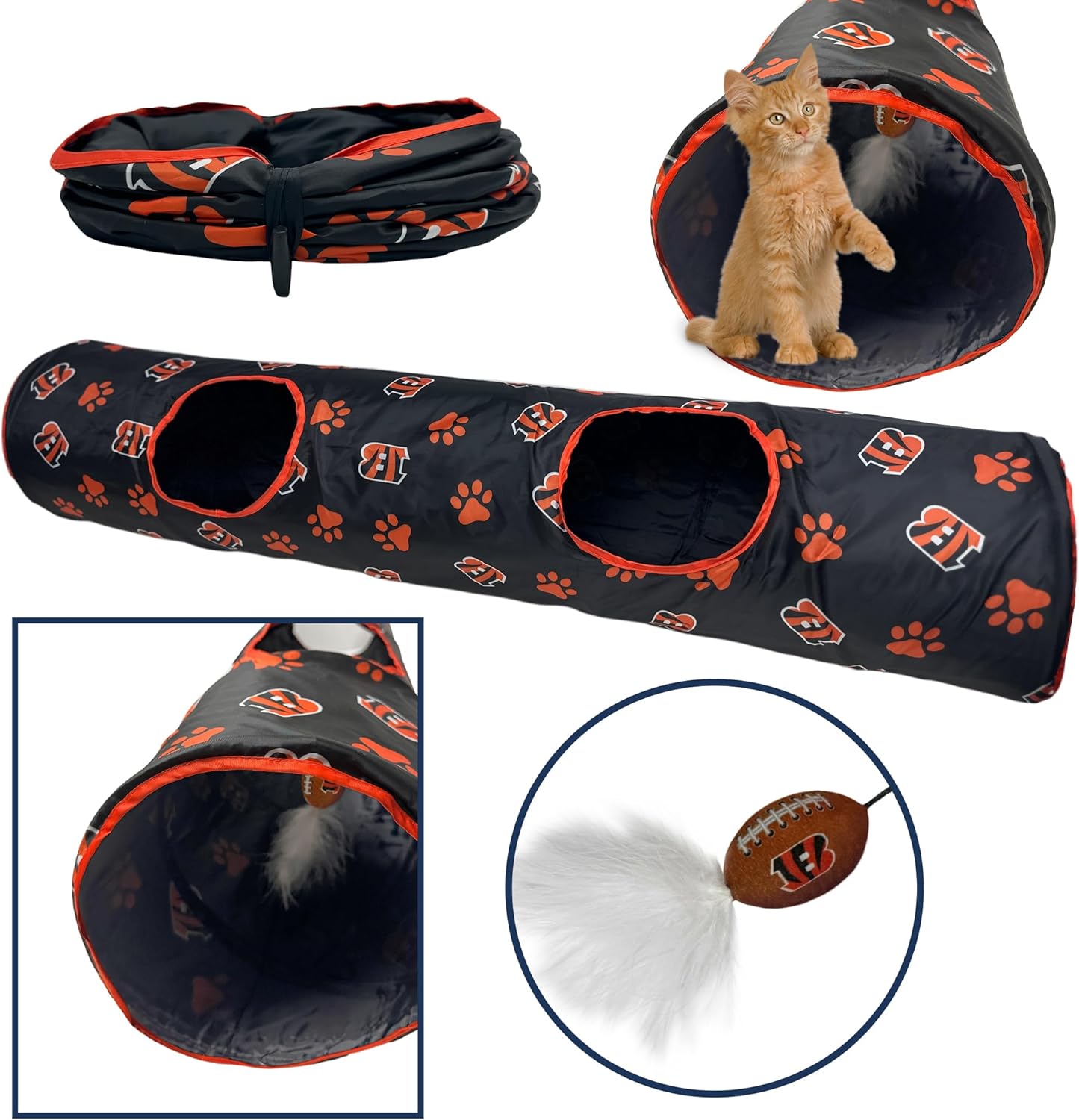 NFL Cincinnati Bengals Cat Tunnel Tube Toy with Plush Football Catnip and Feathers Collapsible Tunnel for Cats to Play, Peek and Hide, Sporty & Fun Cat Tunnel Toy with Team Logo All-Over Design!