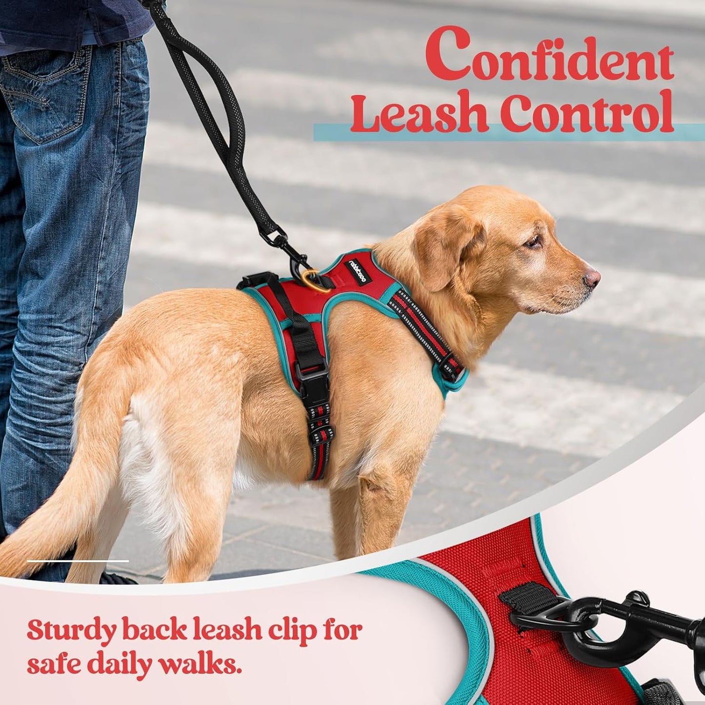 rabbitgoo Dog Harness No Pull with 2 Leash Clips, Adjustable Soft Padded, Reflective Oxford No Choke Pet Vest with Easy Control Handle for Large Dogs, Red & Teal, XL