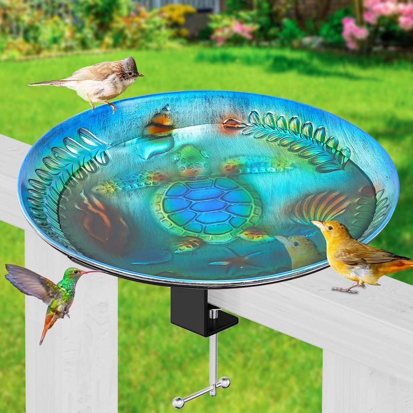 Deck Mounted Bird Bath for Outside, Detachable Birdbath Bowl with Sturdy Clamp, Outdoor Bird Baths Bowl for Attracting Birds Garden Yard Decor (Ocean Blue Turtle)