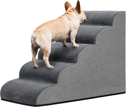 GoGoBunny Ramp Dog Stairs for High Beds 22.6" H, 5-Step Dog Slope Stairs with Durable Waterproof Fabric Cover, Pet Steps for Old Large Dogs Climbing, Non-Slip Sturdy Indoor Step, Grey