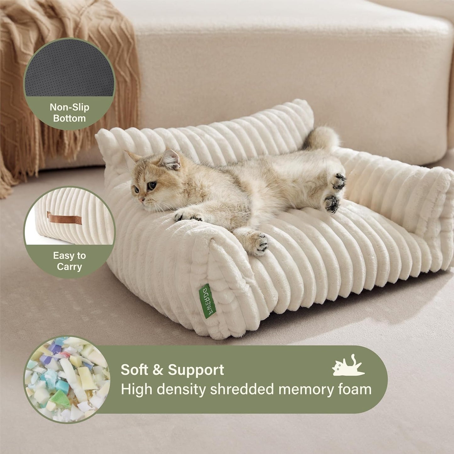 Cute Couch Bed for Pets, Supportive Cat Sofa for Indoor Cats, Small Dog Sofa Bed for Small Dogs, Cream, 24 inches