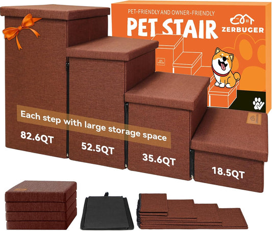 Dog Stairs with Storage 23" H, 4-Step Wider Dog Steps for High Beds Window, Folding Sturdy Pet Stairs Gift for Small/Medium/Large Old Dogs Cats, Ramp for Climbing Car Up to 200 lbs, Brown