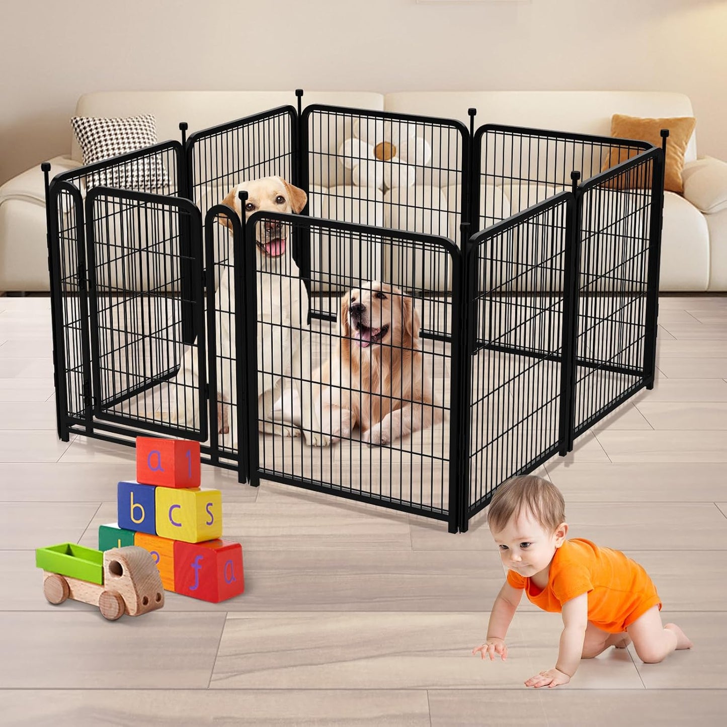 Dog Playpen 48 inch(H) 4 Panels Dog Fence Outdoor for Yard. Metal Dog Pen Heavy Duty Pet Puppy Exercise Pen for Rv Camping Garden Yard, Wide Door Low Threshold Dog Fence Total 8.9 Ft(L)