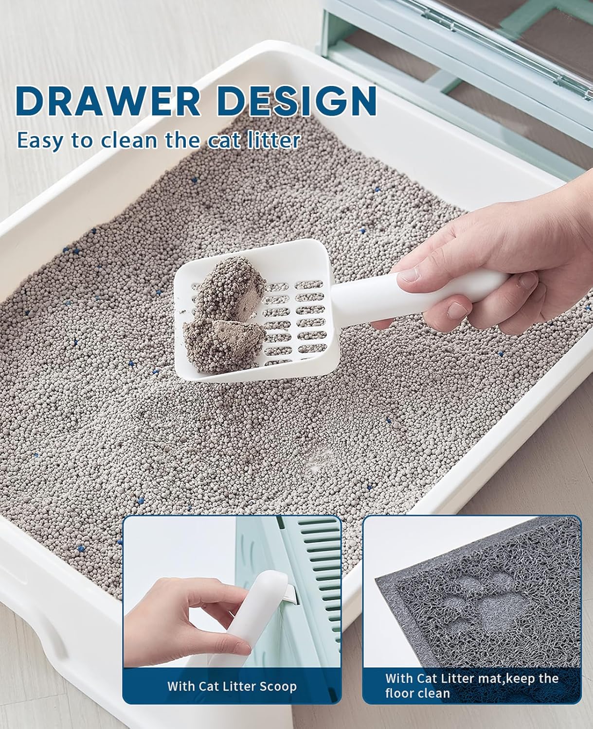 Cat Litter Box with Litter Mat and Scoop, Large Foldable Litter Box with Lid, Front Entry Top Exit Kitty Box, Odor Control, Easy to Clean (Blue)