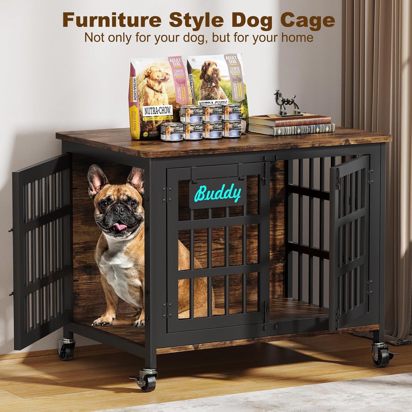 EasyCom 33"/27" Dog Crate Furniture with Name Tag, Heavy Duty Dog Kennel Indoor for Medium and Small Dogs, Double-Doors Sturdy Metal Dog Cage, Decorate House as TV Stand, End Table, Bedside Table