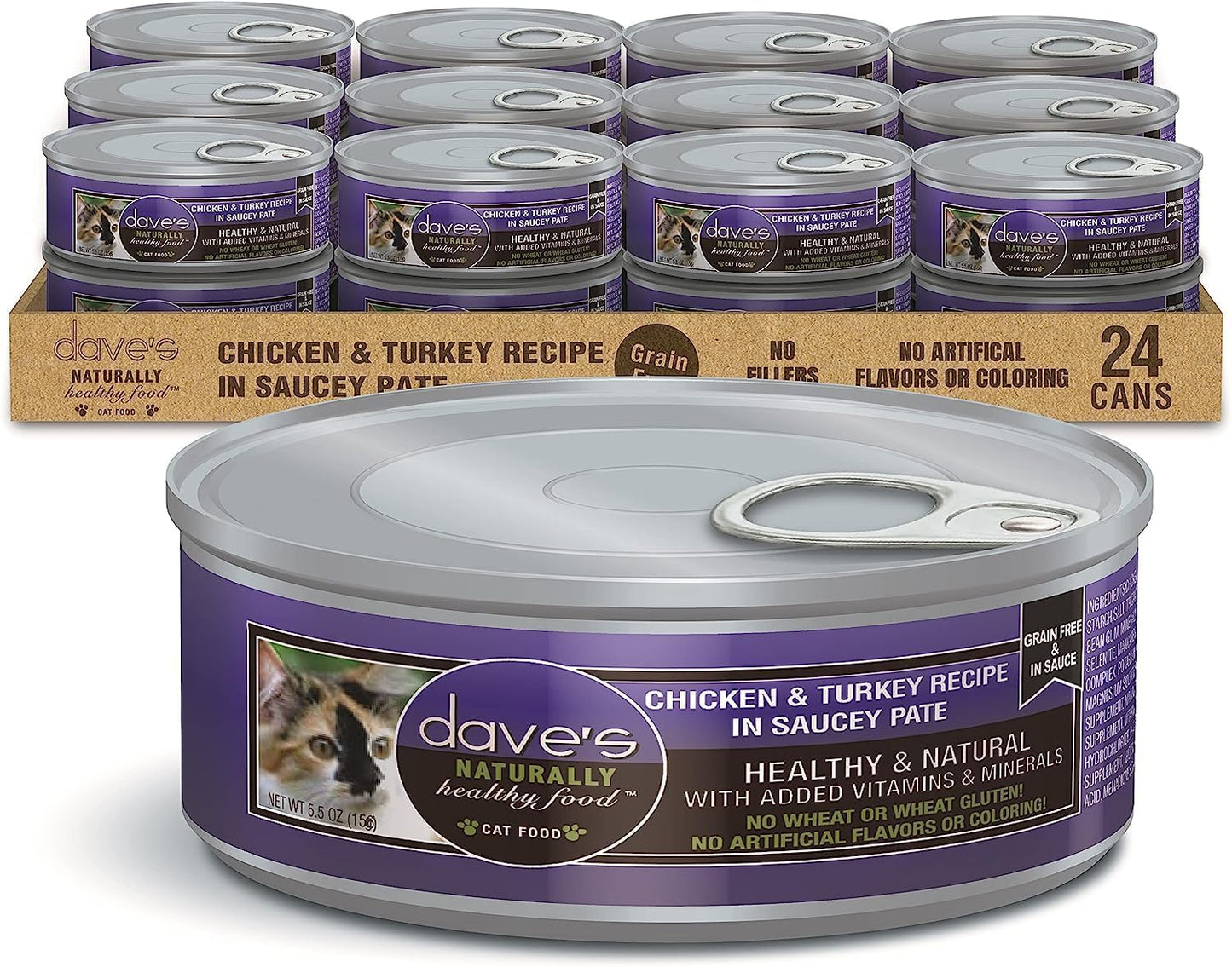 Dave's Pet Food Grain Free Wet Cat Food (Chicken & Turkey Saucey Pate), Naturally Healthy Canned Cat Food, Added Vitamins & Minerals, Wheat Free, 5.5 oz (24 Pack)