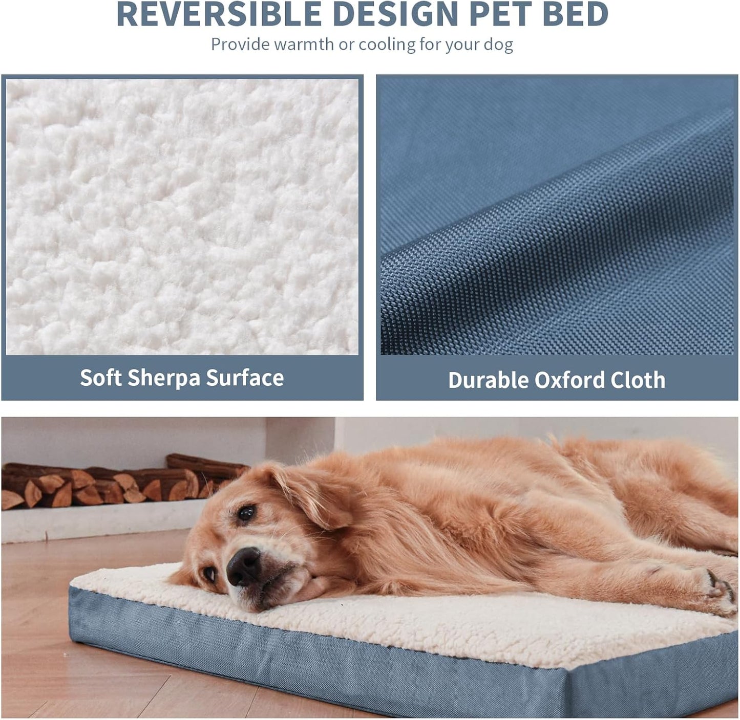 Outdoor Dog Beds for Extra Large Dogs, XL Pet Bed for Large Sized Dog, Egg Crate Foam Pet Bed with Removable Washable Oxford Cooling Cover, Blue White