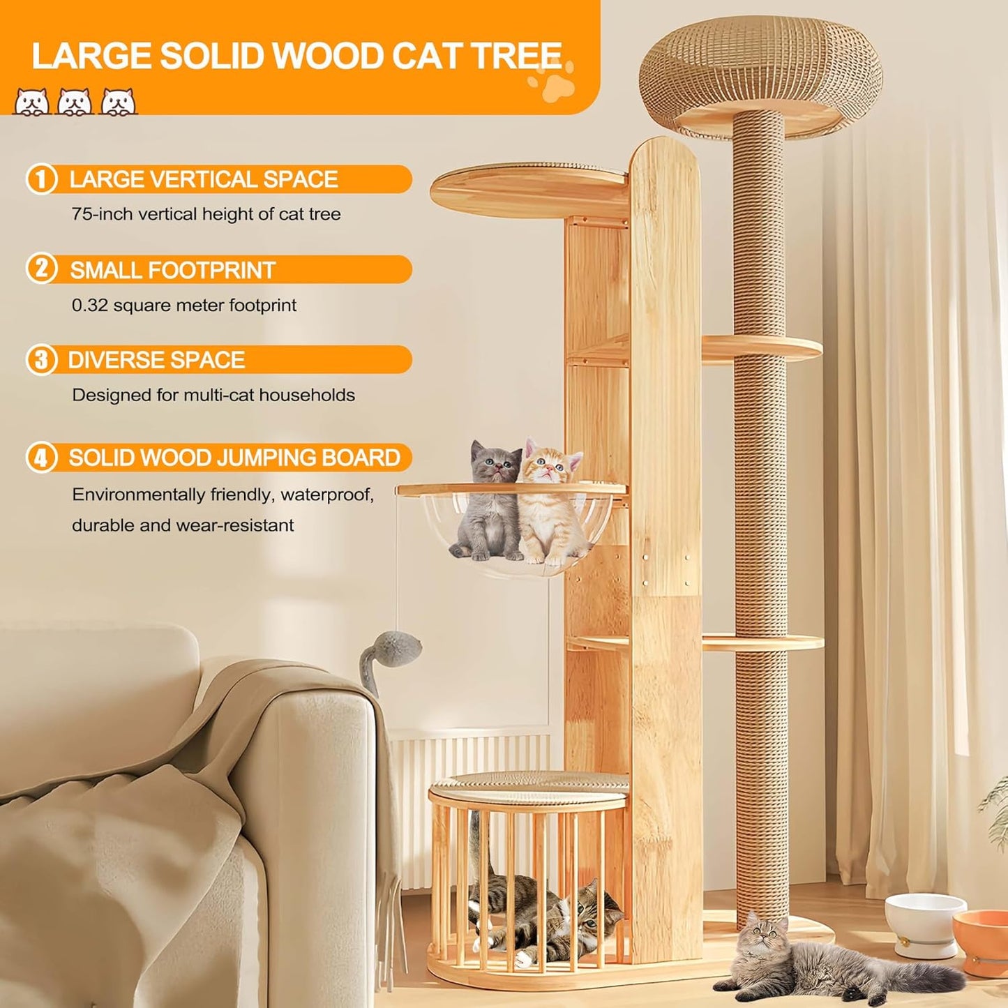 75 inch Cat Tree Tower for Indoor Cats Large Adult, Modern Big Cat Climbing Tower, Tall Cats Post, Corner Wood Cute Cat Condo with Sisal Scratching Posts