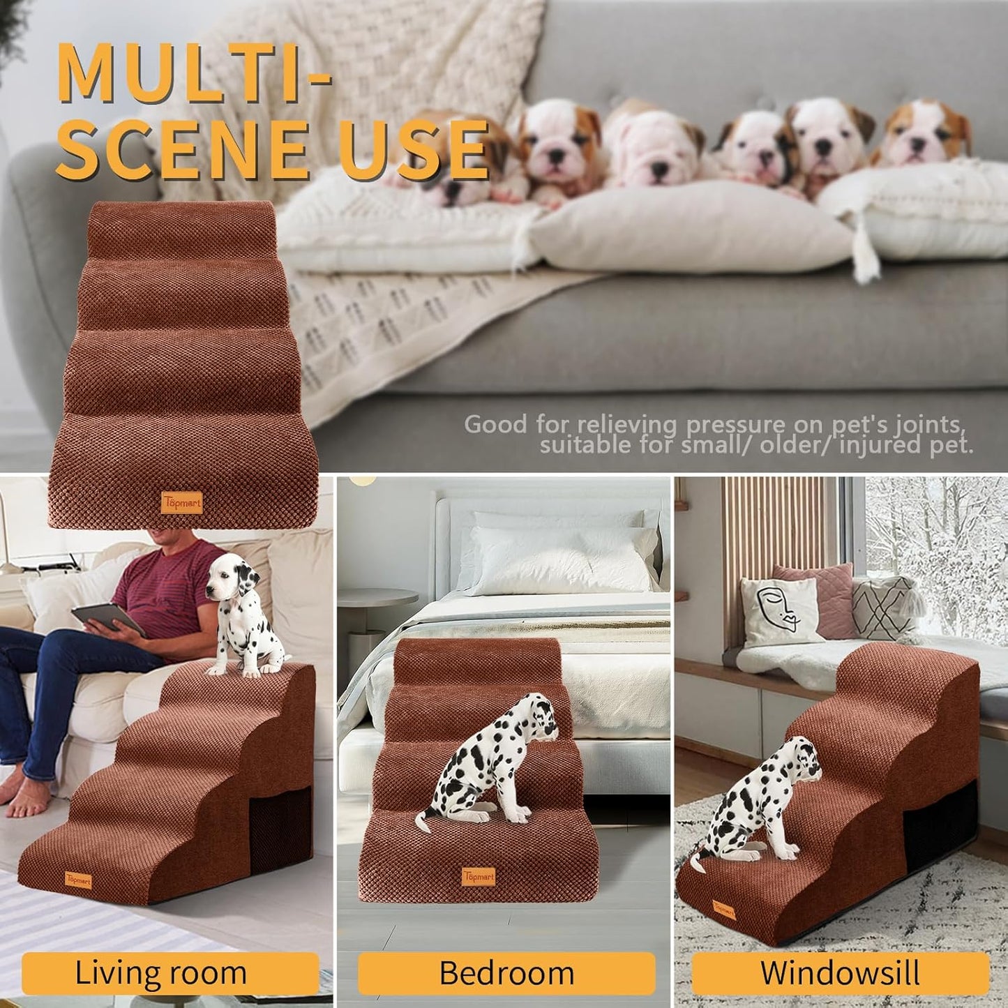Topmart High Density Foam Dog Steps 4 Tiers,Extra Wide Deep Pet Steps,Non-Slip Dog Stairs Ramp for Bed,Soft Foam Cat Ladder,Best for Older Injured,Older Pets,Cats with Joint Pain