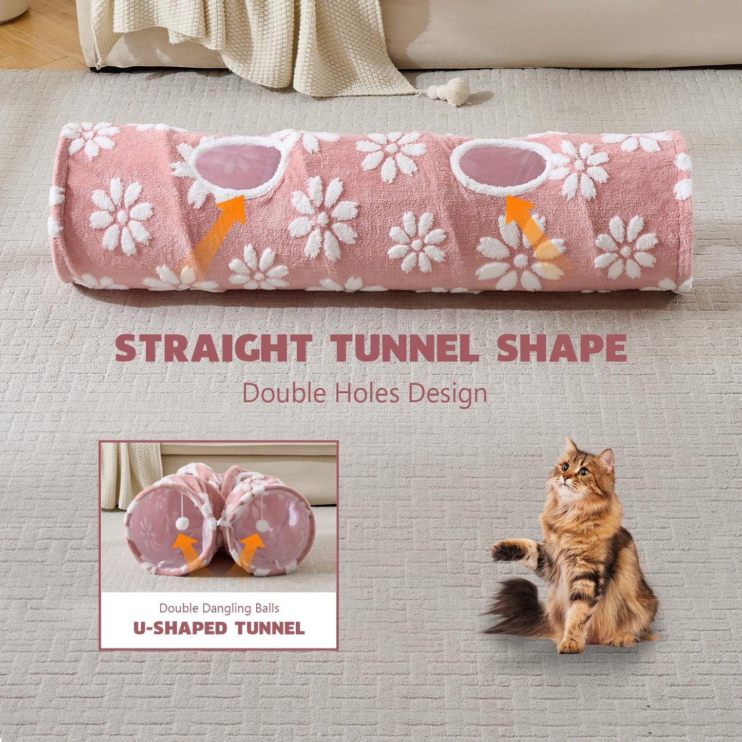 Straight Cat Tunnel for Indoor Cats 47"x12", Cute Cat Toys Collapsible Tunnel Tube with Balls for Puppy Kitten Rabbit, Pink Flower
