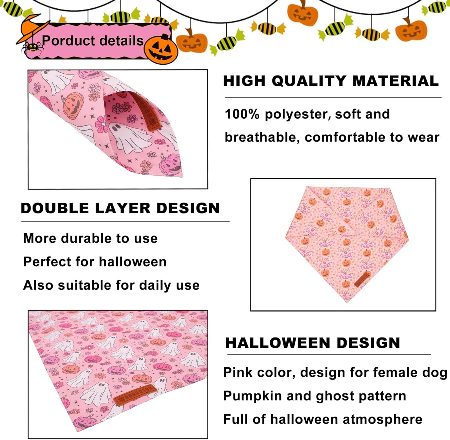ADOGGYGO Halloween Dog Bandana, Pink Pumpkin Ghost Scarf, Adjustable Fit Female Halloween Bandanas for Large X-Large Dogs Pets (X-Large)