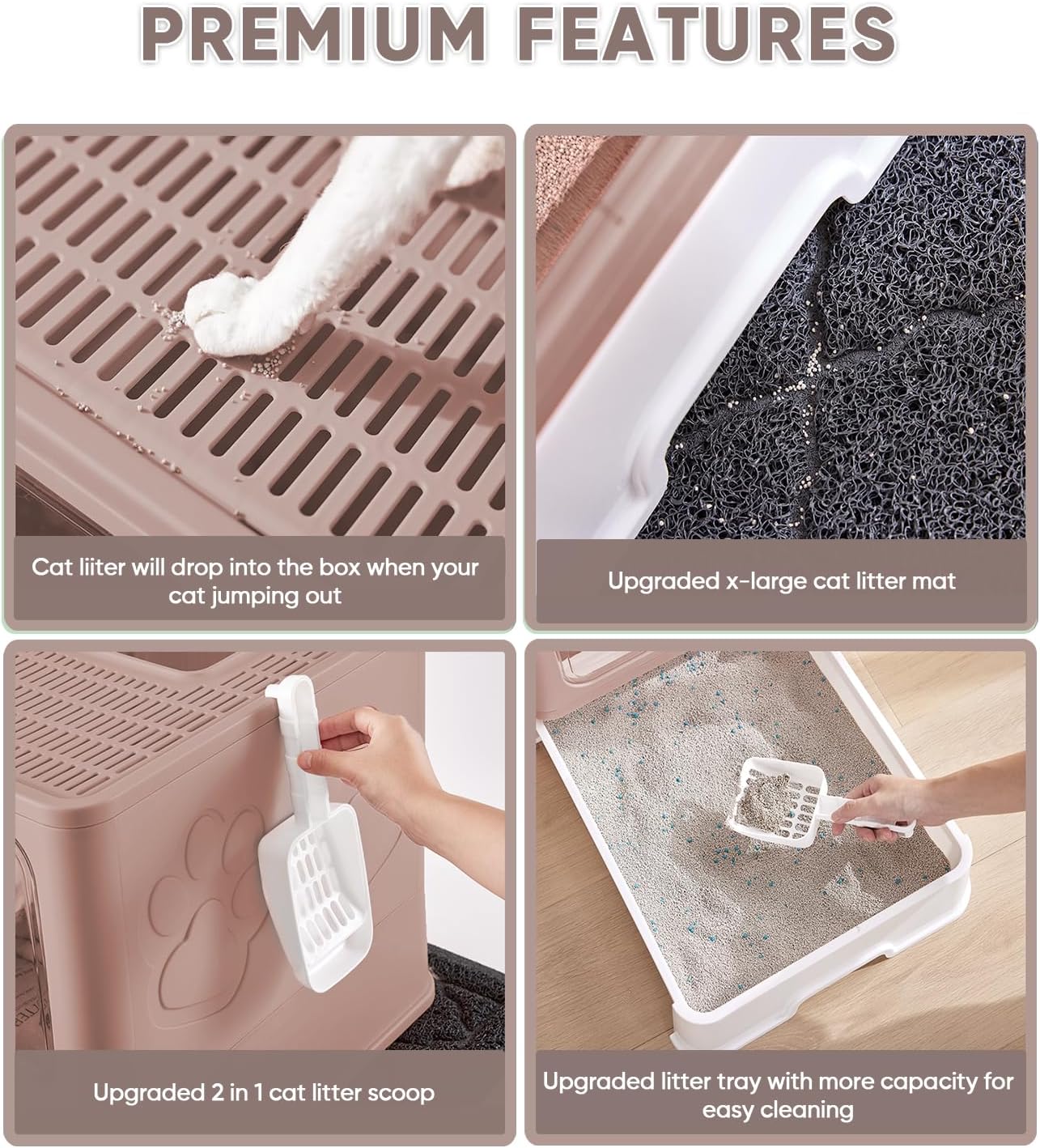 Cat Litter Box with X-Large Litter Mat and Scoop, Large Foldable Litter Box with Lid, Enclosed Kitty Box,Front Top Entry Exit, Odor Control Easy to Clean (Upgrade Coffee)