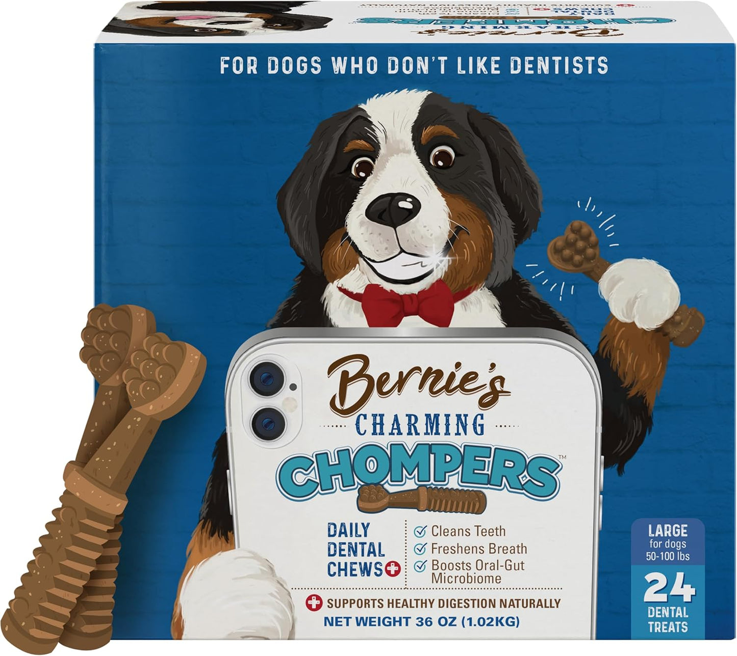 Bernie's Charming Chompers - Daily Dental Chews for Dogs 50-100 Lbs. - 24 Count - Cleans Teeth, Freshens Breath, + Boosts Oral-Gut Microbiome. Easy to Digest, Supports Healthy Digestion Naturally