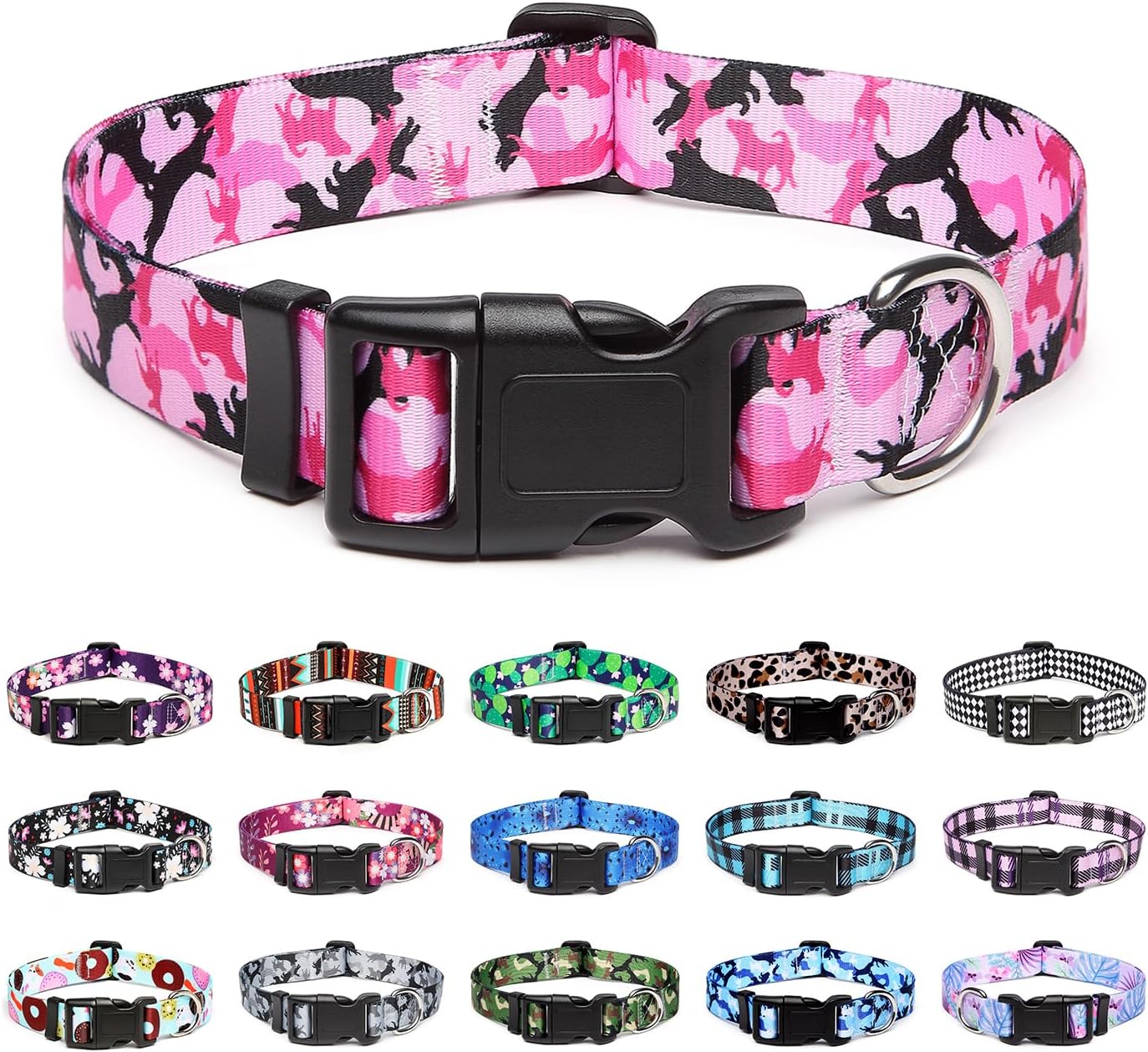 Mercano Adjustable Dog Collar - Special Design Patterns, Soft Nylon Comfortable Sturdy Pet Collar for Small Medium Large Dogs (M, Dog Camouflage Pink)