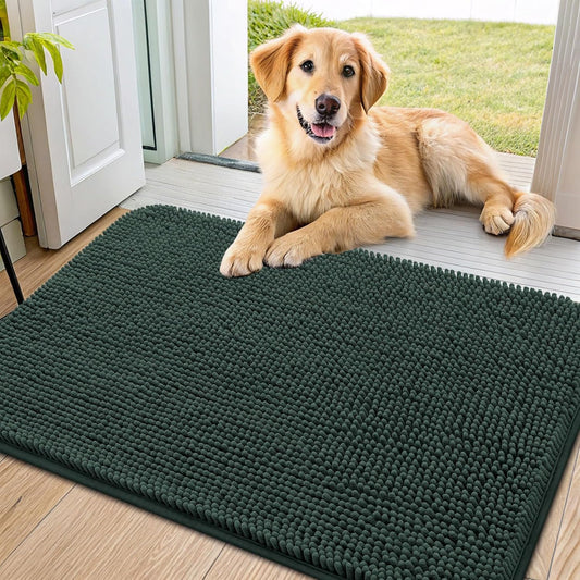 Smiry Dog Door Mat for Muddy Paws 36x24, Absorbs Moisture and Dirt Doormat, Non-Slip Washable Quick Dry Chenille Front Door Mat Indoor Entrance, Entryway Carpet for Inside Floor, Green
