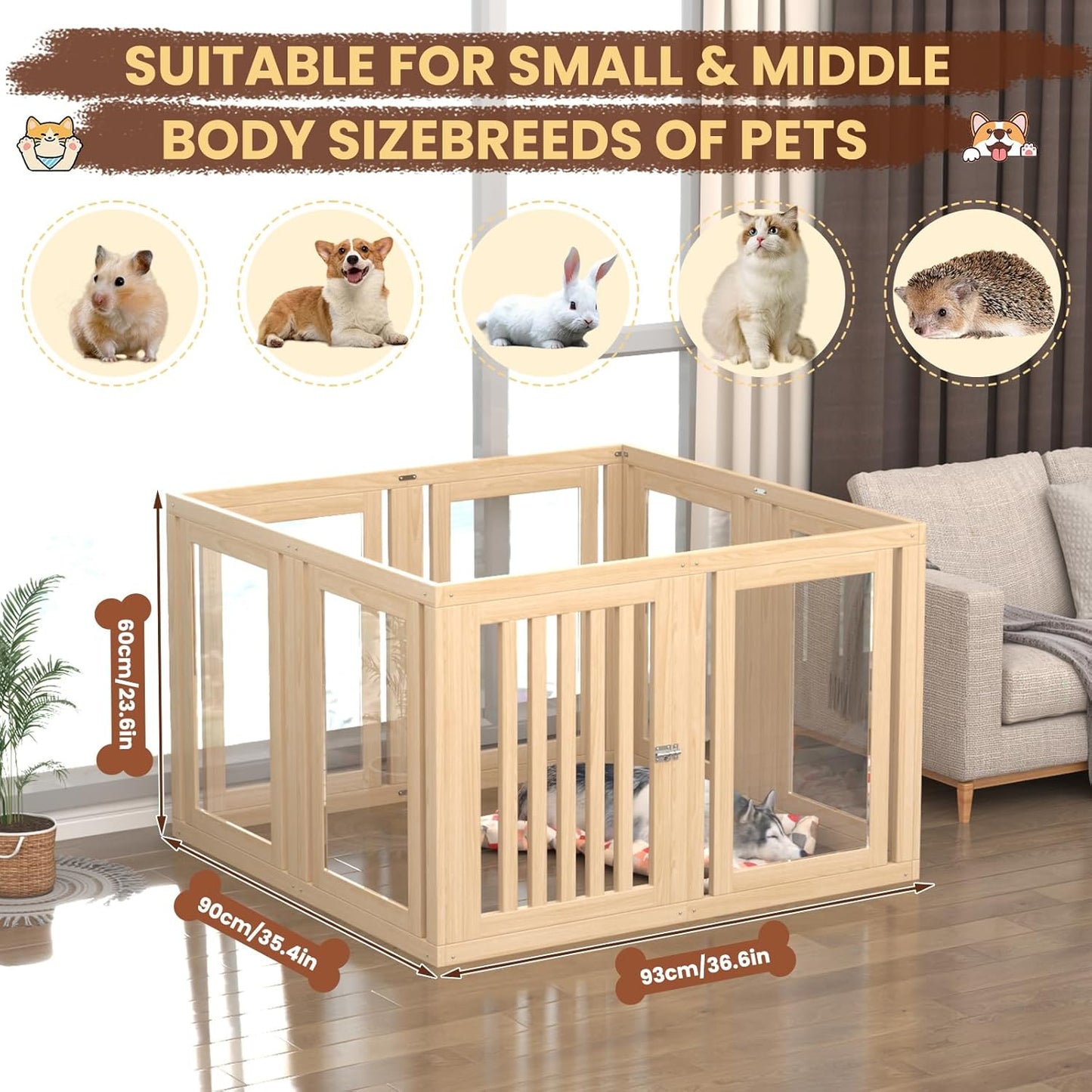 8 Panels Dog Playpen with Door, 23.6" H Pet Playpen Indoor, Clear Acrylic Puppy Playpens, Wooden Puppy Fence with Gate, Transparent Dog Pens, Pet Pen Indoor for Dogs, Cats, Rabbit, Small and Medium