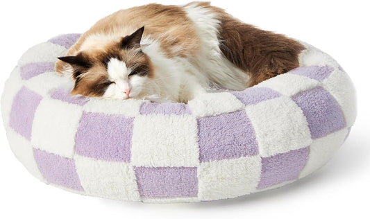 LE SURE Cat Beds for Indoor Cats - Round Cat Bed Donut Small Dog Bed Calming Pet Beds, Cute Modern Beds with Jacquard Shaggy Plush & Anti Slip Bottom, 20 Inch, Purple