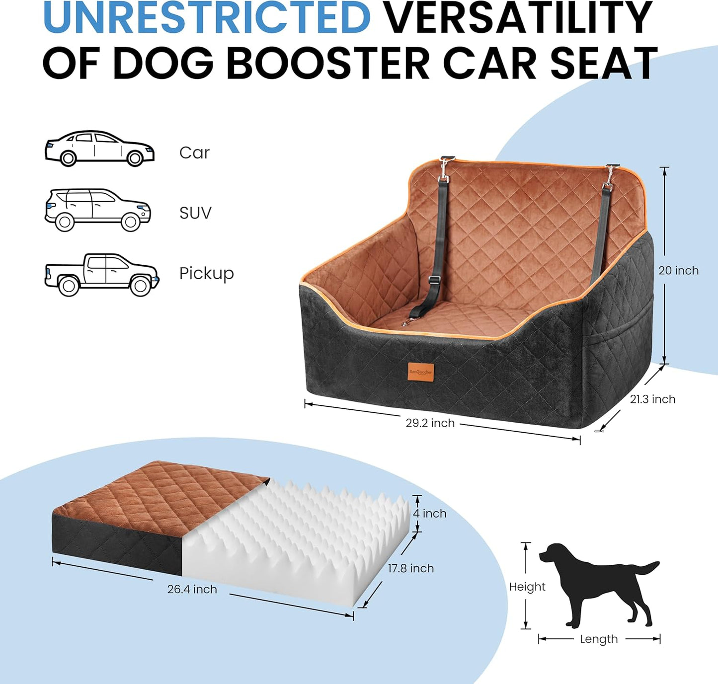 Dog Car Seat for Medium Dogs - Pet Car Seat with 2 Safety Straps & Waterproof Padding, Portable Pet Carrier for Cars, Trucks & SUVs, Comfortable Booster Bed for Pets Up to 55lbs (Black/Coffee)