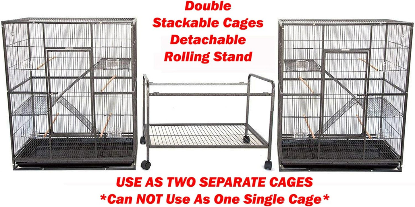 Extra Large Double Stacker Breeding Flight Bird Wrought Iron Separate Parrot Bird Cage Side Nesting Box Doors Easy Clean Pull Out Metal Grate Tray and Removalbe Rolling Stand