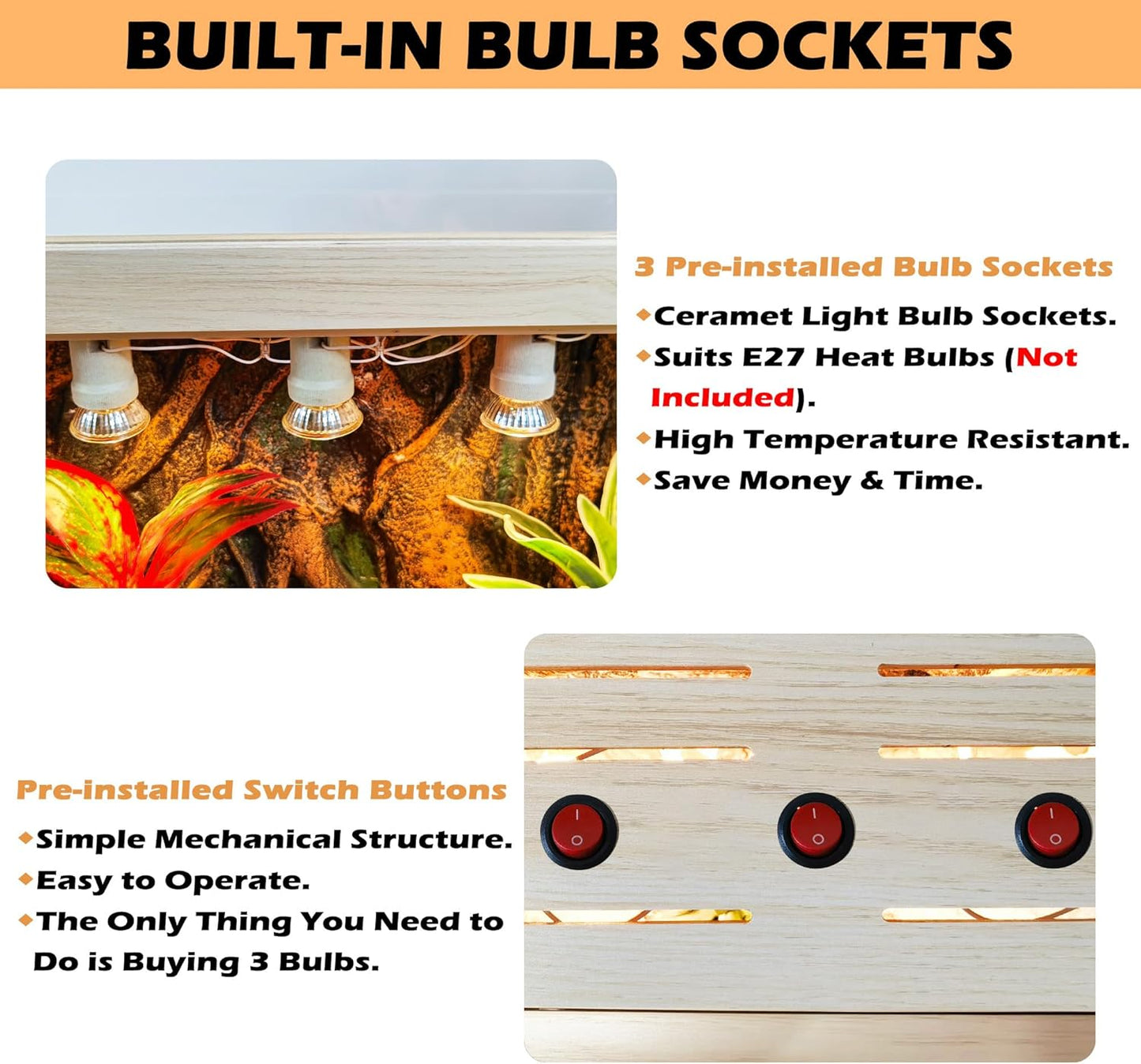 Prolee Bearded Dragon Tank, Reptile Enclosure, Snake Tank, Reptile Terrarium, Built-in Light Fixtures with Switch, (37 Gallon, 40" Long, Thick Wood Roof)