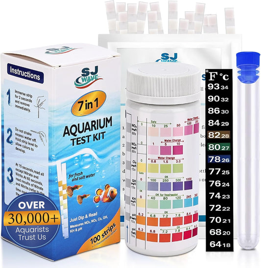 7 in 1 - Aquarium Test Strips | 100 Fast & Accurate Strips | Fish Tank Aquariums Water Test Kit & ebook | Aquarium Thermometer | Fish Tank Water Testing Kit for Fresh & Saltwater | Versatile Usage