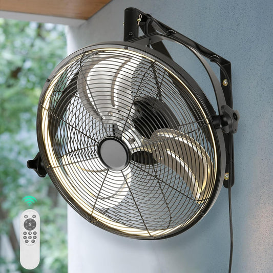 16 inch Wall Mount Fan with Lights and Remote,6-Speed Gazebo Ceiling Fan Adjustable Tilt Dimmable Wall Fan,High Velocity Industrial Outdoor Fans for Patio,Garage,Commercial,Black