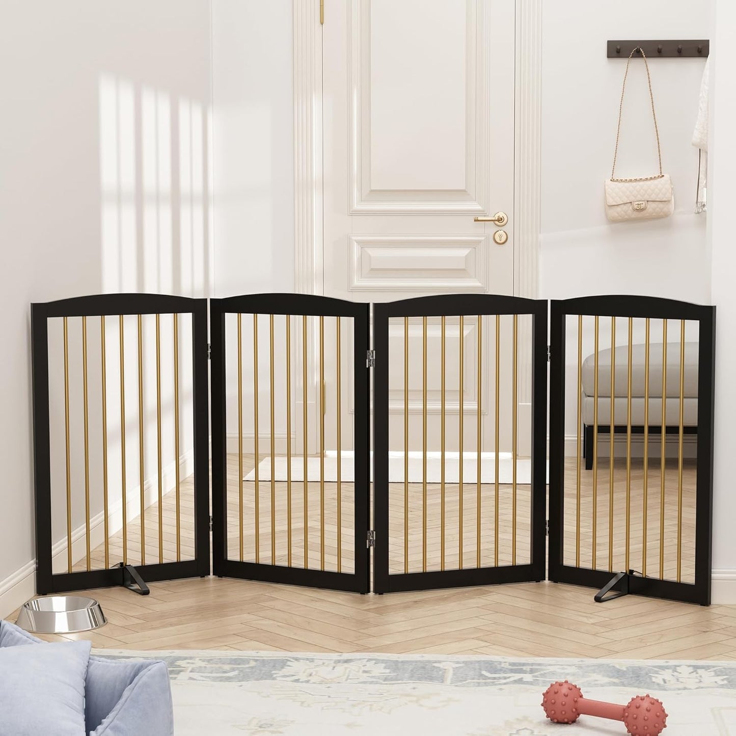 Freestanding Pet Gate for Dogs, Indoor Wooden Dog Gate for House, Foldable Dog Gate for Doorway, Stair, Step Over Pet Puppy Safety Fence Tall, 80 Inch Wide, 4 Panels 32", Black & Gold