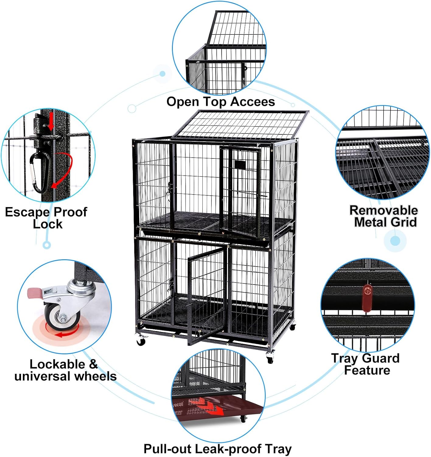 Homey Pet 31 Inch Stackable Heavy Duty Dog Crate Cage Kennel with Four Lockable Wheels, Removable Tray, Escape Proof Wire Drop Dog Crates for Small Dogs (Two Tiers)