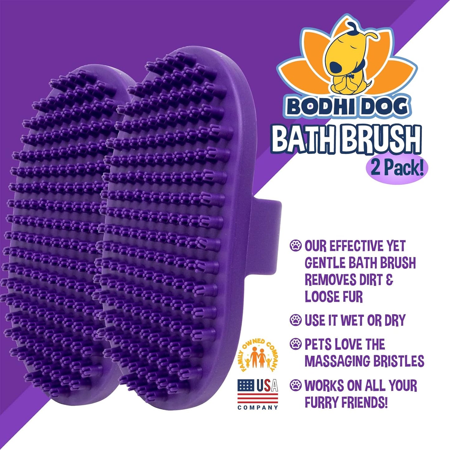 Bodhi Dog Shampoo Brush - Pet Grooming & Bath Supplies for Dogs and Cats - Bath Brush for Long & Short Hair - Premium Scrubber for Shower, Bathing & Massage (Two Pack, Purple)