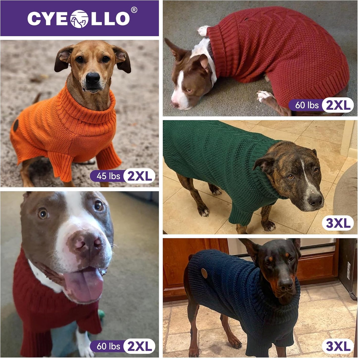 cyeollo Dog Sweater Turtleneck Knitted Sweaters with Leash Hole Winter Clothing Dog Clothes Sweaters for Medium Large Dogs