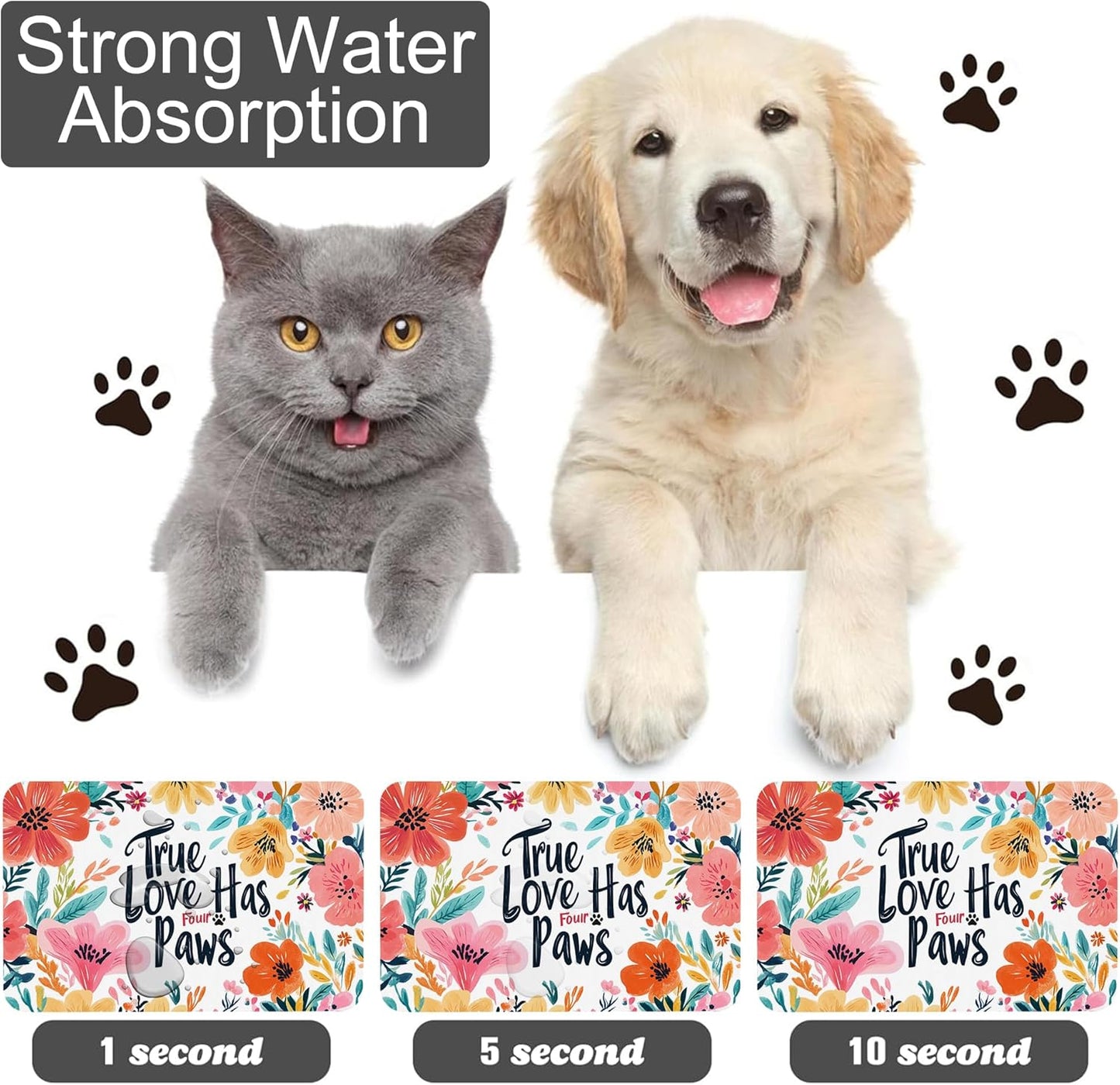 True Love Floral Dog Cat Food Mat-Absorbent Placemat for Food and Water Bowl, Waterproof Non Slip Rubber Backing Dog Food Mats for Floors, Pet Supplies 16 * 24 inch