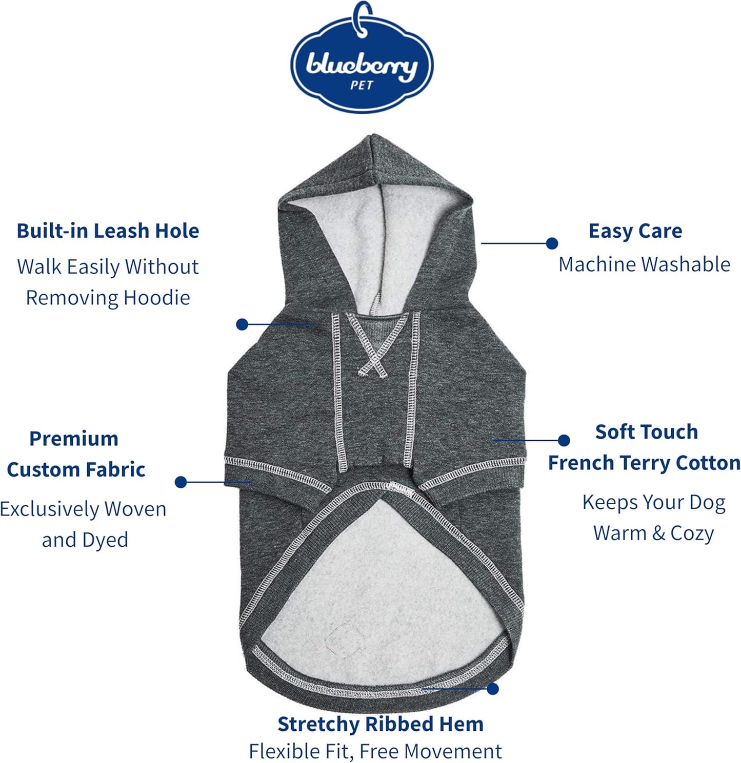 Blueberry Pet Essentials Soft & Comfy Better Basic Cotton Blend Dog Hoodie Sweatshirt in Charcoal Grey, Back Length 24", Pack of 1 Jacket for Dogs