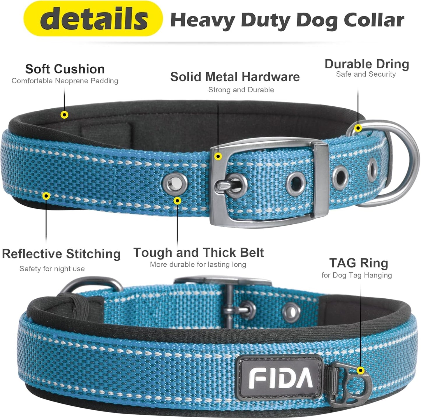 Fida Heavy Duty Dog Collar, Ultra Comfortable Soft Neoprene Padded, Adjustable Reflective Nylon Pet Collar with Durable Metal Belt Buckle for Medium Breeds (M, Blue)