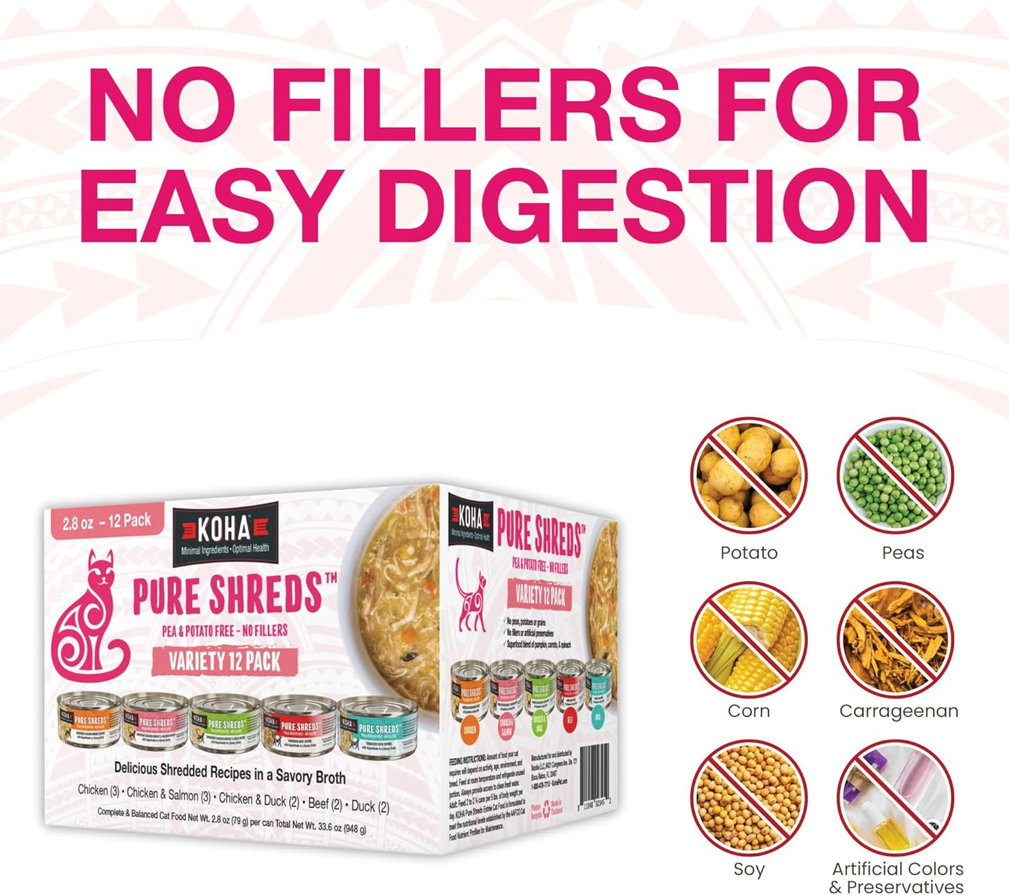 KOHA Pure Shreds Cat Variety Pack, High Protein Wet Cat Food - 5 Flavors - Beef, Duck, Chicken & Duck and Chicken & Salmon Food for Cats - 2.8 oz Cans, Pack of 12