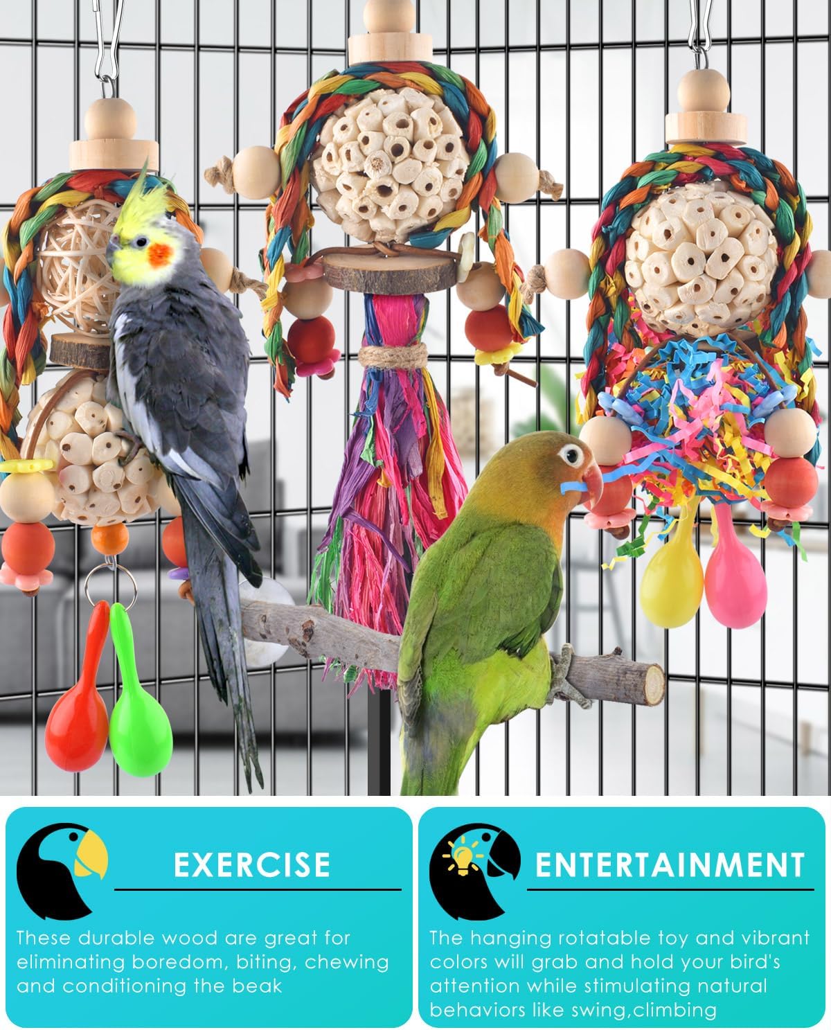 Bissap 3PCS Bird Parrot Foraging Shredder Hanging Toys Sola Balls with Sand Hammer for Small Parrots Parakeets Conures Cockatiels Love Birds Cage Toy