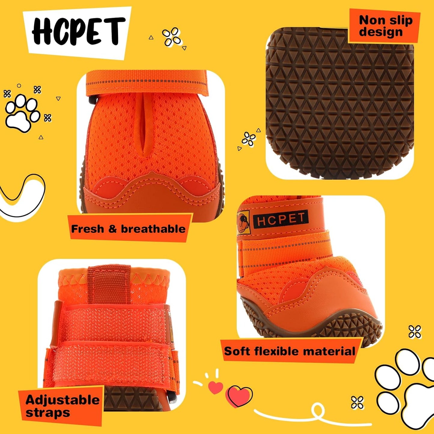 Hcpet Dog Shoes for Large Dogs, Breathable Dog Booties for Small Medium Dogs, Anti-Slip Dog Boots & Paw Protectors for Hot Pavement Winter Snow Hiking with Reflective Straps Orange Size 3