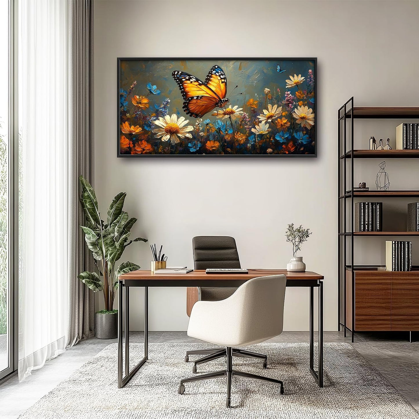 Large Butterfly Daisy Wall Art for Living Room, Floral Landscape Canvas Oversized Wall Decor, Flower Scenery Aesthetics Framed Pictures Painting Print Artwork for Bedroom Office 60"L x 30"W