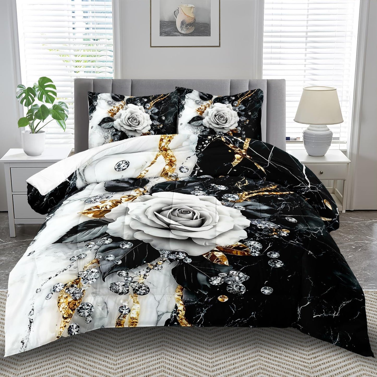 Marble Floral Comforter Set for Queen Bed Women,Vintage Flower Bedding Set Queen,White and Black Comforter Rose Quilt for Girls,Rose Bedding Floral Bedroom Decor Adults