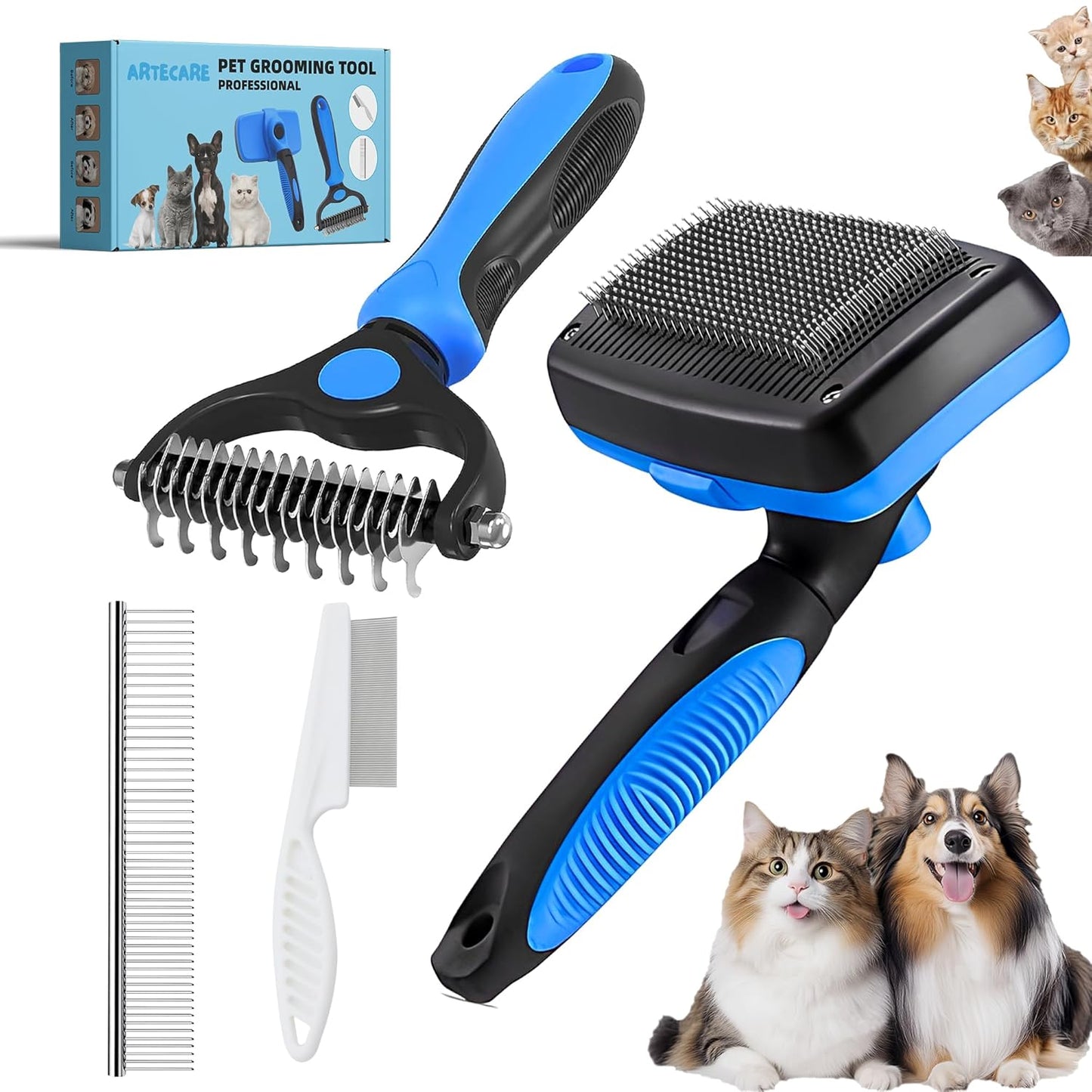 4 in 1 Cat Grooming Brush Self Cleaning Slicker Brush Dematting Tool for Dogs & Cats Haired Pets Skin Friendly, Deshedding Tool, Suitable for Pet Supplies Accessories, Blue