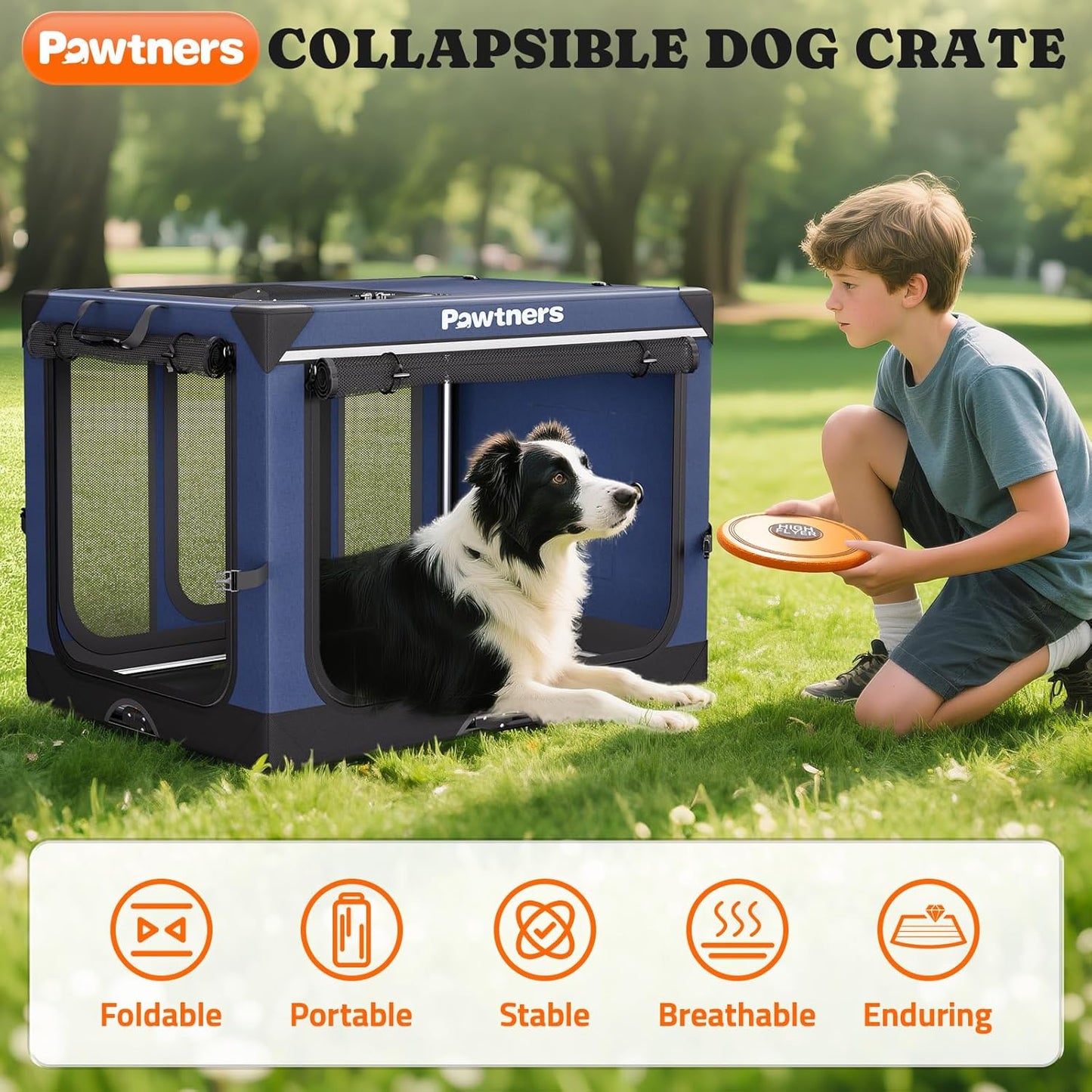 Collapsible Dog Crate: 38 Inch Foldable Soft Sided Dog Crate for Large Dogs, Portable Dog Travel Kennel with Soft Mat for Indoors & Outdoors, Blue (38" L x 27" W x 27" H)