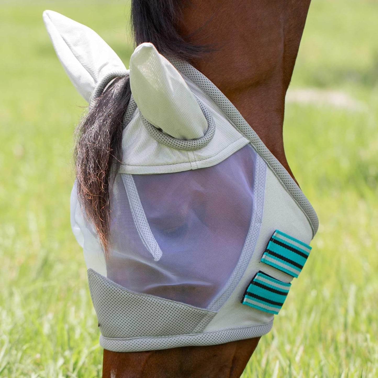 Equinavia Algard Soft Mesh Horse Fly Mask with Ear Protection and 45 UPF Rating | No Eye Irritation & UV Protection - Silver/Turquoise - Pony
