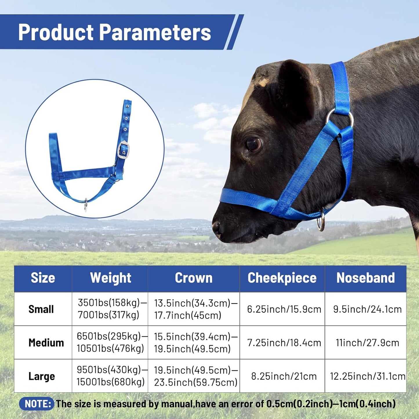 XUANNIAO Easily Adjustable Figure 8 Cow Halter, Double-Ply Premium Livestock Cattle Halters, Colorful Cow Utility Calf Halter with Leading Rope for Miniature Horse Donkey Goat Foal (Small, Blue)