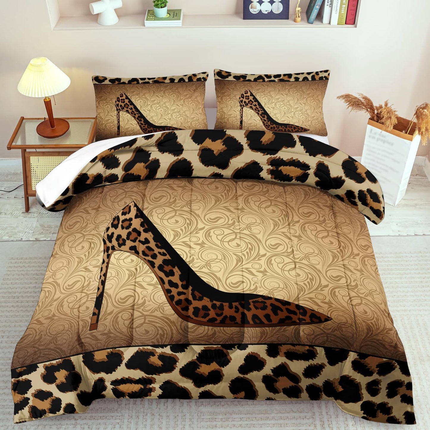 Leopard Comforter Set King Girls,Sexy High Heel Comforter for Women,Leopard Print Bedding Set King Adult,High Heel Quilt Bedroom Decor,African Animal Print Bedding Quilt