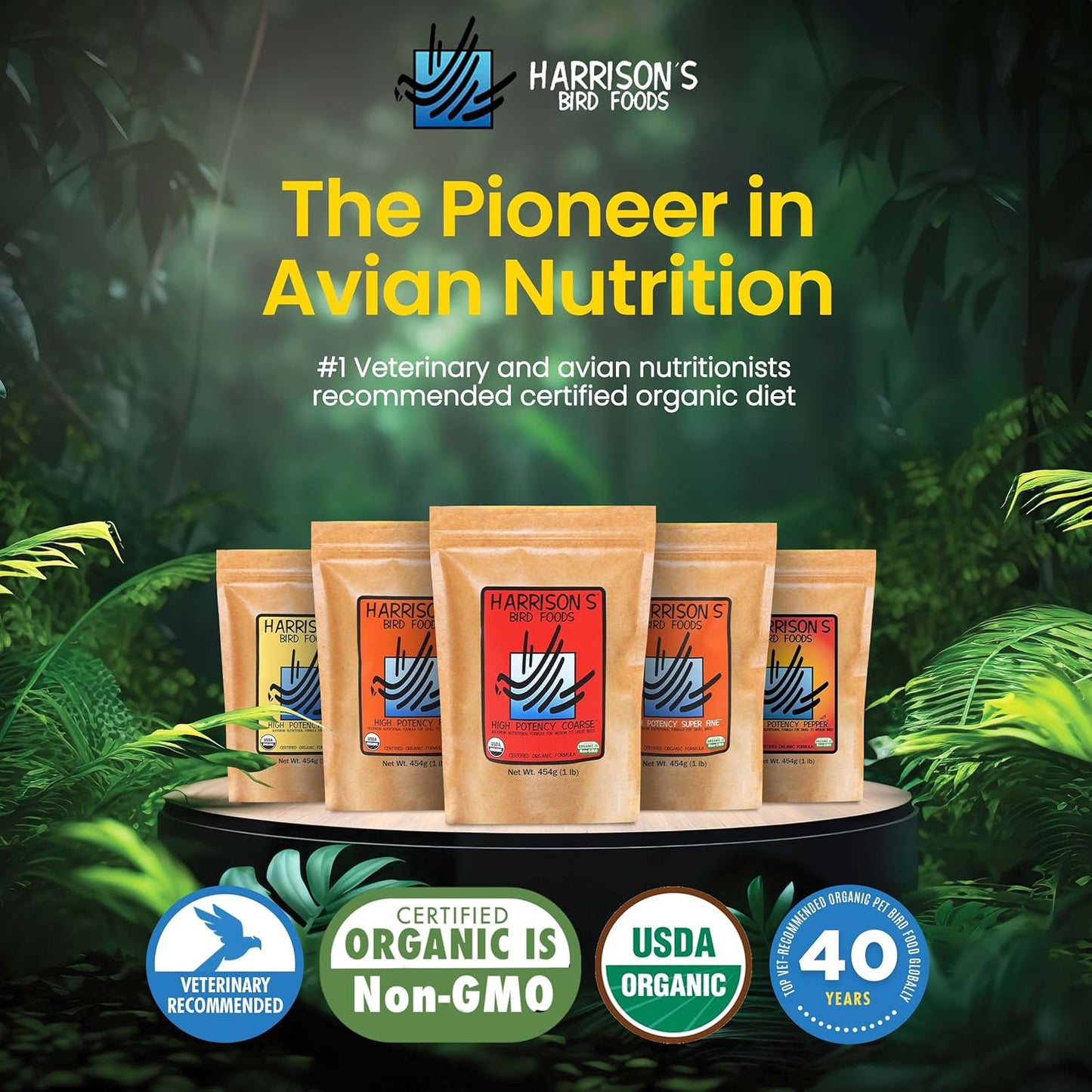 Harrison's Bird Foods High Potency Coarse—Maximum Nutritional Formula for Small to Medium Birds, Certified Organic Non-GMO Pet Bird Food, Vet-Developed, Suitable for All Life Stages, 454 g/ 1 lb