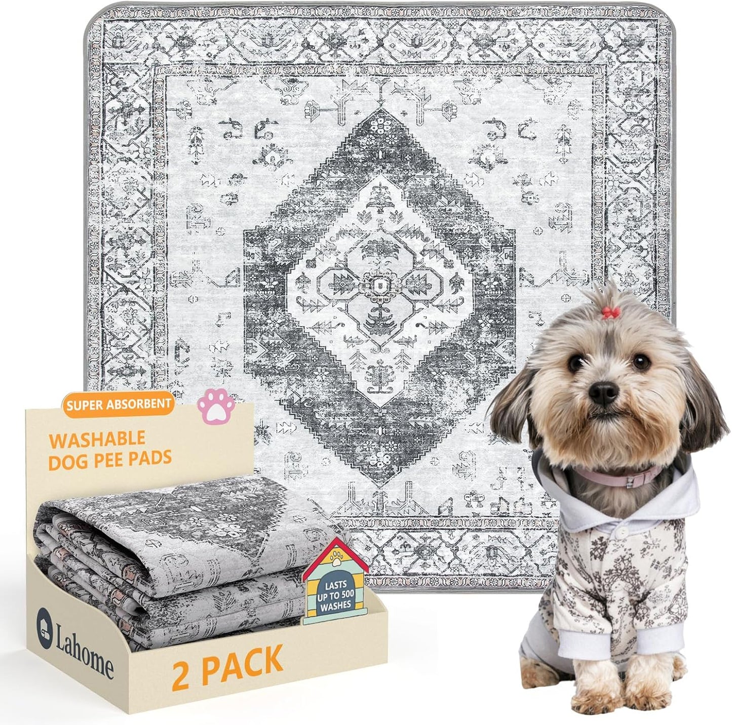 Lahome Super Absorbent & Leakproof Washable Dog Pee Pads - 2 Pack Value Set - Waterproof, Non-Slip Reusable Pads for Puppy Training, Crates & Whelping (24"x24", Gray)